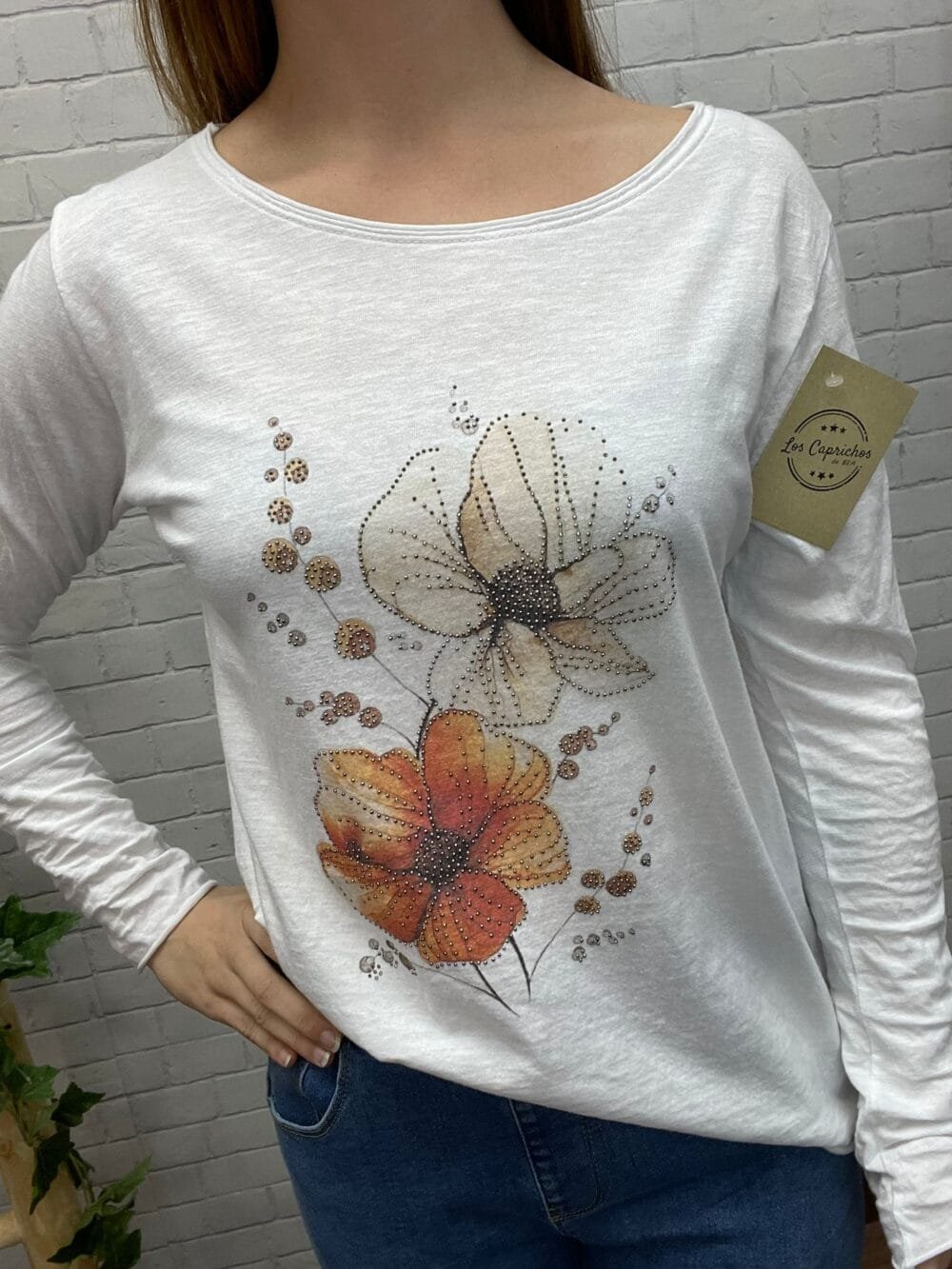 Camiseta Flores Orange T-36/42 Dibujo Con Strass - Imagen 2