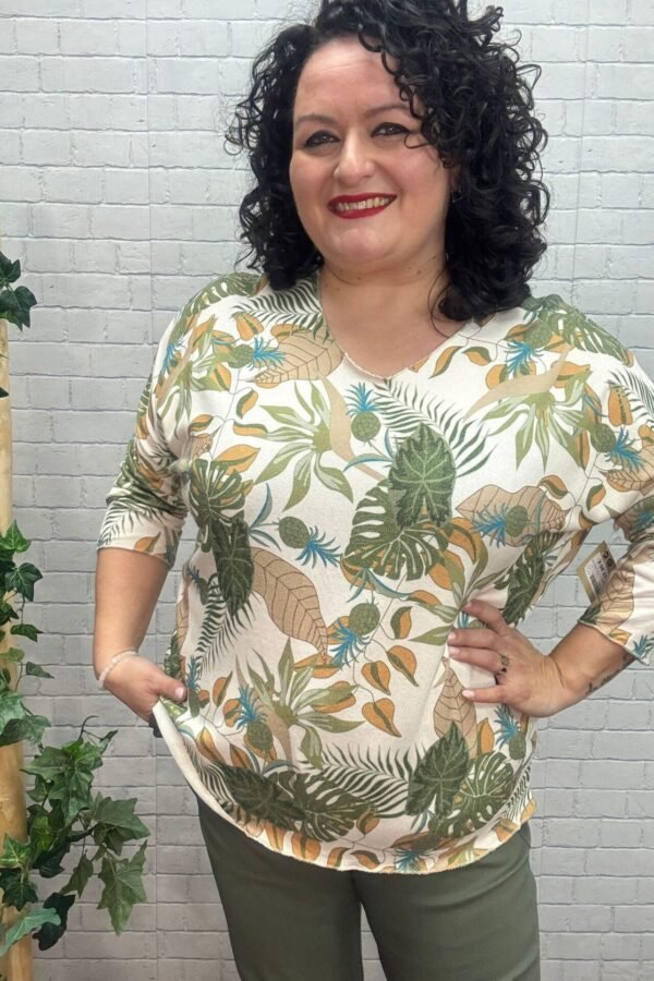 Jersey Flora Verde Kaki T-40/50 Estampado Tropical