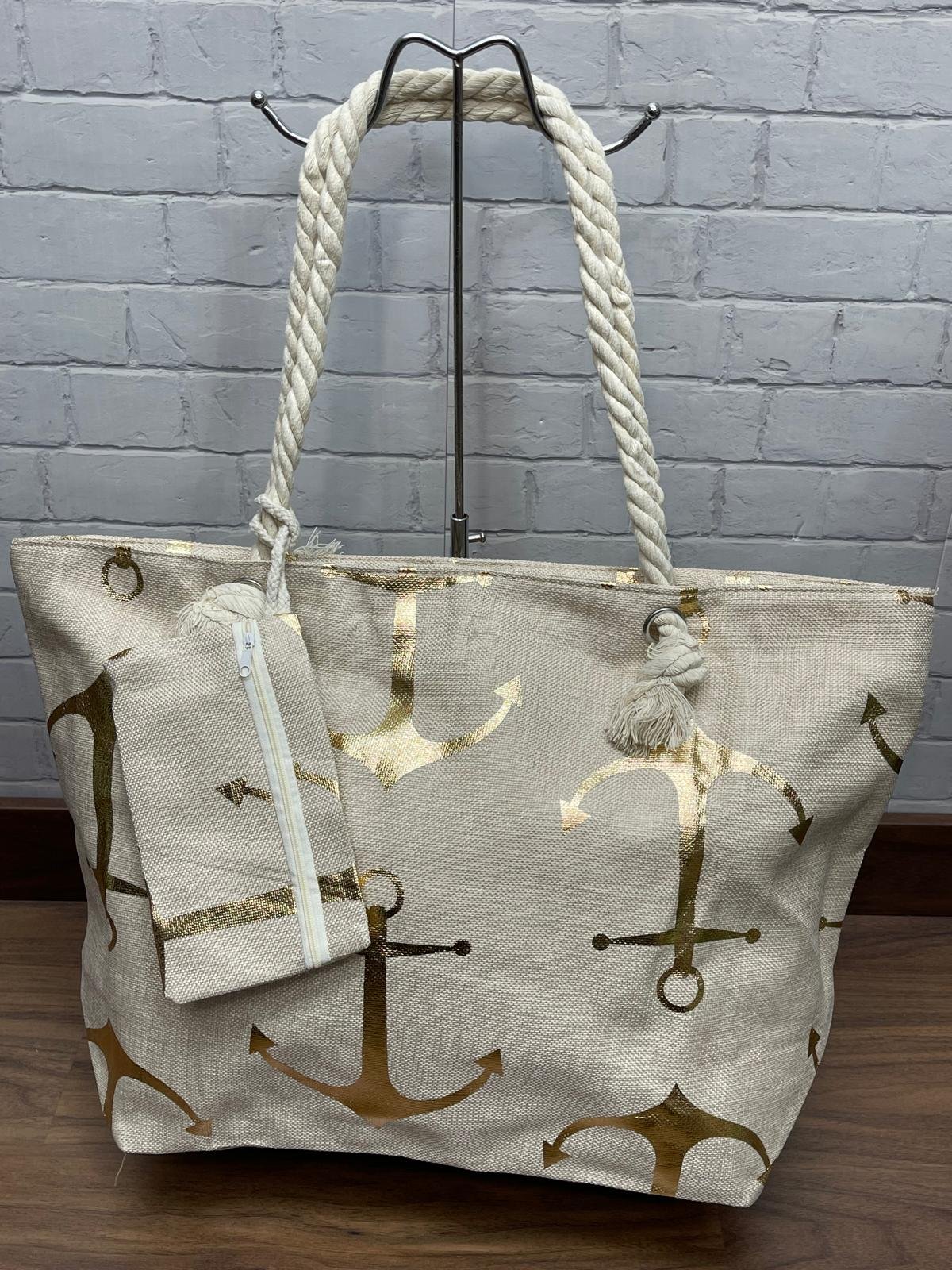Bolso Playa Beige Ancla Estampado