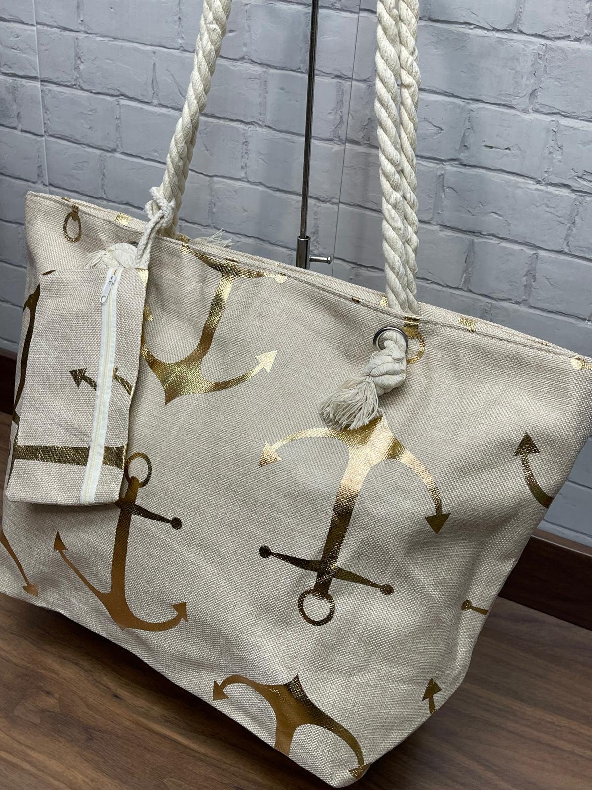 Bolso Playa Beige Ancla Estampado