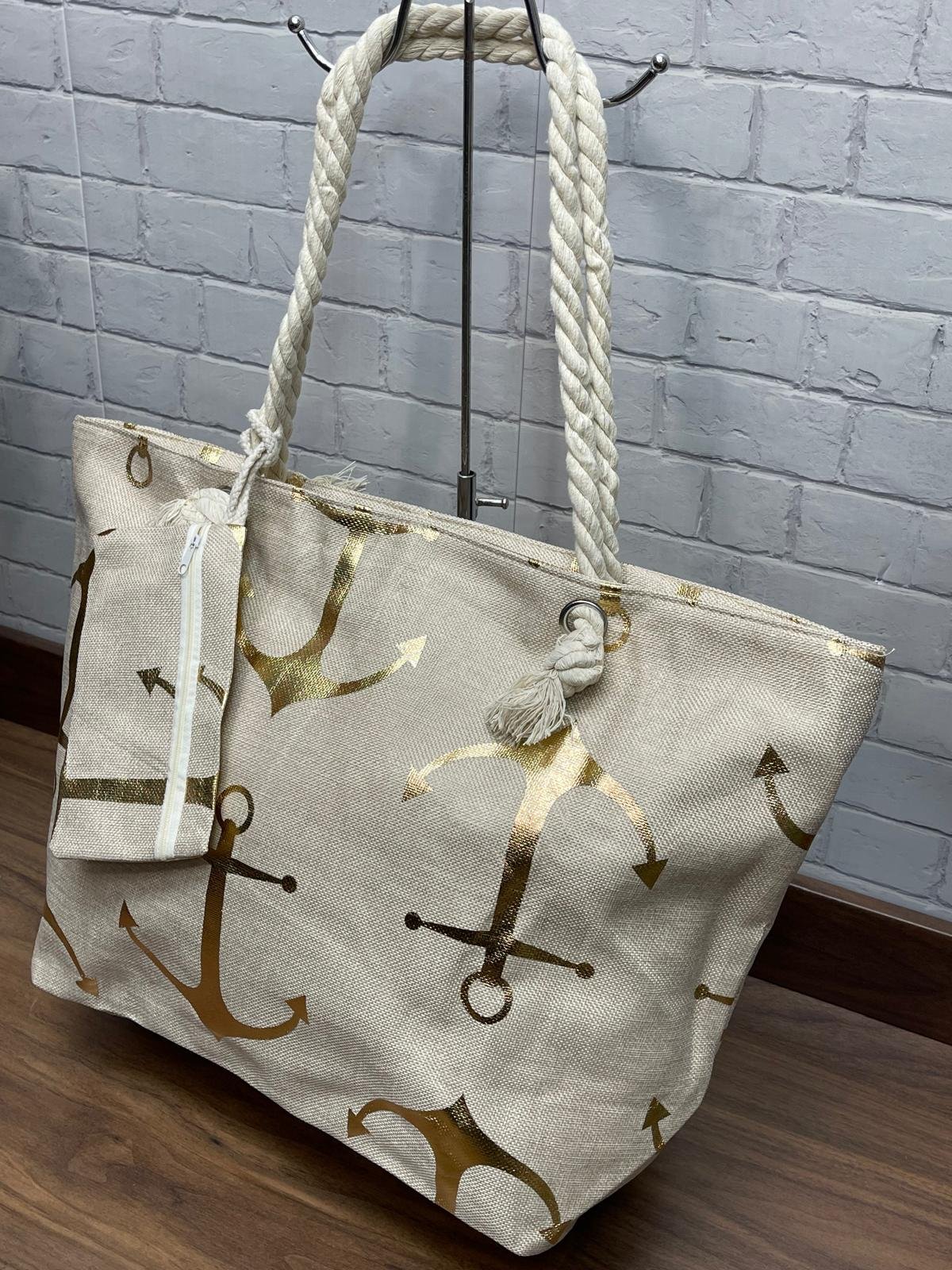 Bolso Playa Beige Ancla Estampado